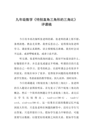 九年级数学《特殊直角三角形的三角比》评课稿