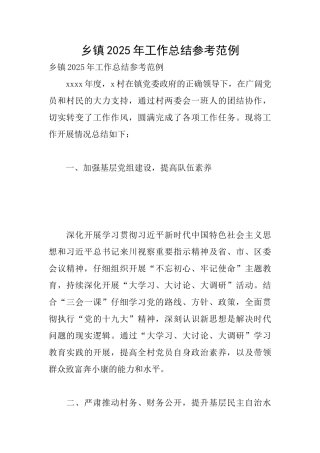 乡镇2025年工作总结参考范例