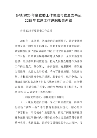 乡镇2025年度党委工作总结与党总支书记2025年党建工作述职报告两篇