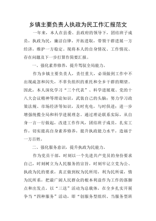 乡镇主要负责人执政为民工作汇报范文