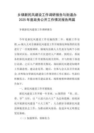 乡镇新民风建设工作调研报告与街道办2025年度政务公开工作情况报告两篇