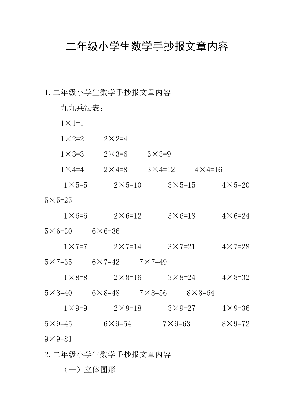 二年级小学生数学手抄报文章内容_第1页