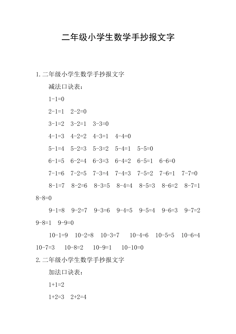 二年级小学生数学手抄报文字_第1页