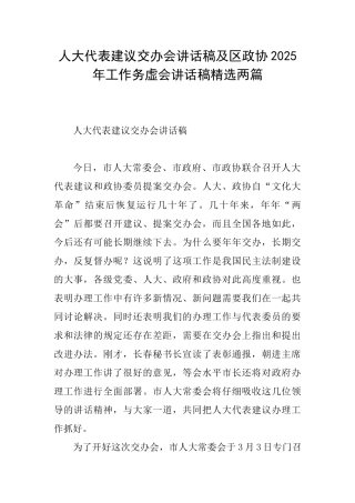 人大代表建议交办会讲话稿及区政协2025年工作务虚会讲话稿精选两篇