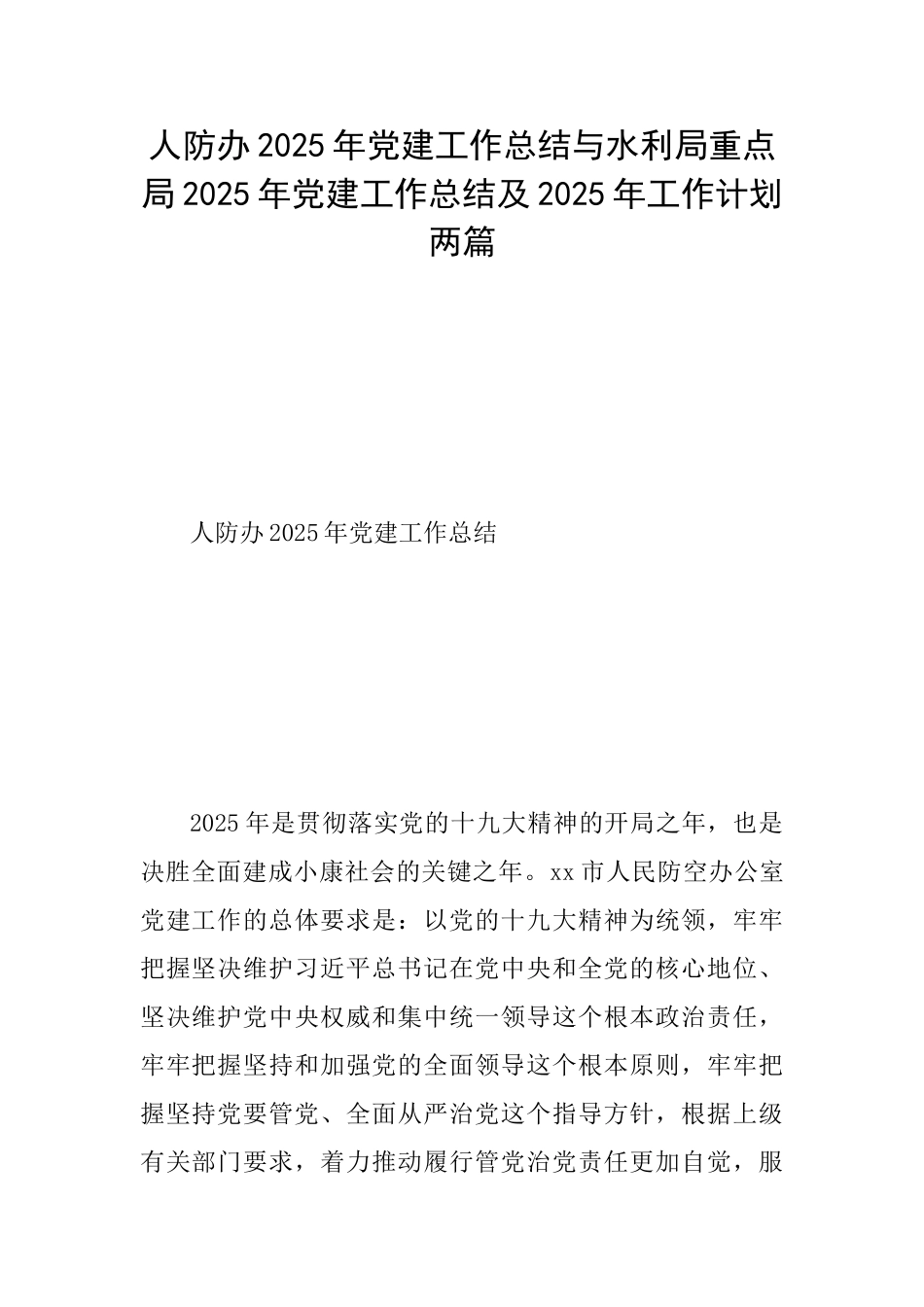 人防办2025年党建工作总结与水利局重点局2025年党建工作总结及2025年工作计划两篇_第1页