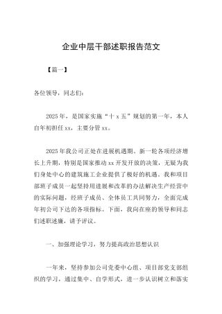 企业中层干部述职报告范文