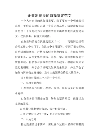 企业出纳员的自我鉴定范文