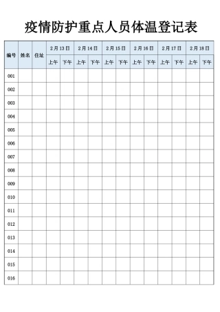 企业复工疫情防护重点人员体温登记表