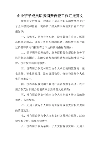 企业班子成员职务消费自查工作汇报范文