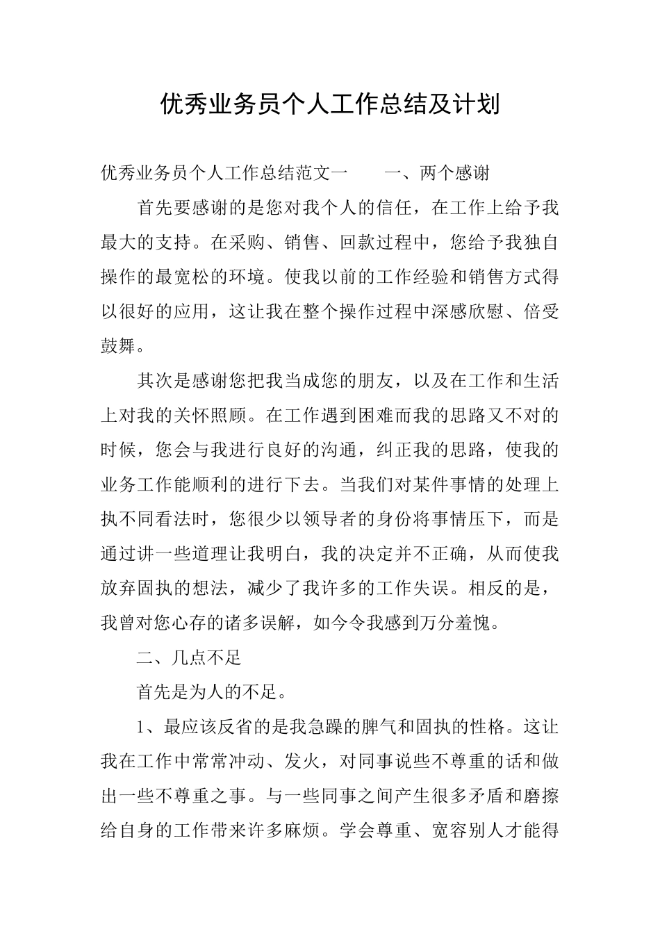 优秀业务员个人工作总结及计划_第1页