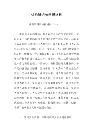 优秀班组长申报材料