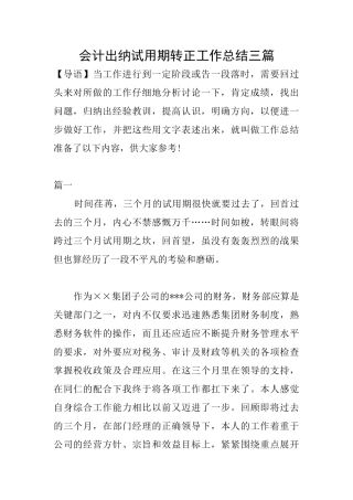 会计出纳试用期转正工作总结三篇