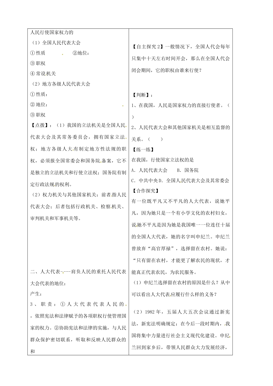 内蒙古包头市达尔罕茂明安联合旗百灵庙中学高中政治 2.5.1《人民代表大会 国家权力机关》学案 新人教版必修2_第2页