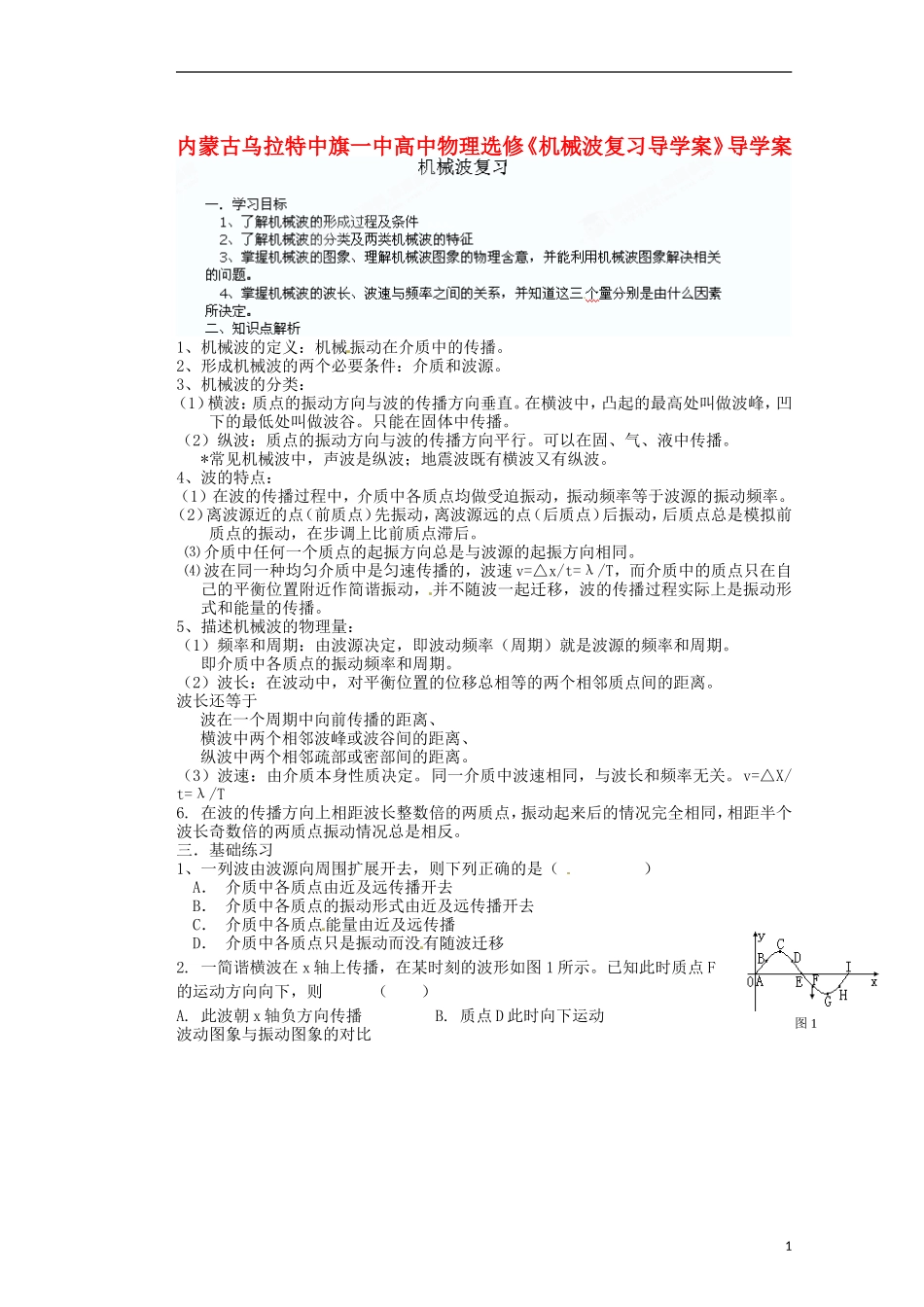 内蒙古乌拉特中旗一中高中物理《机械波复习导学案》导学案 新人教版选修3-2_第1页
