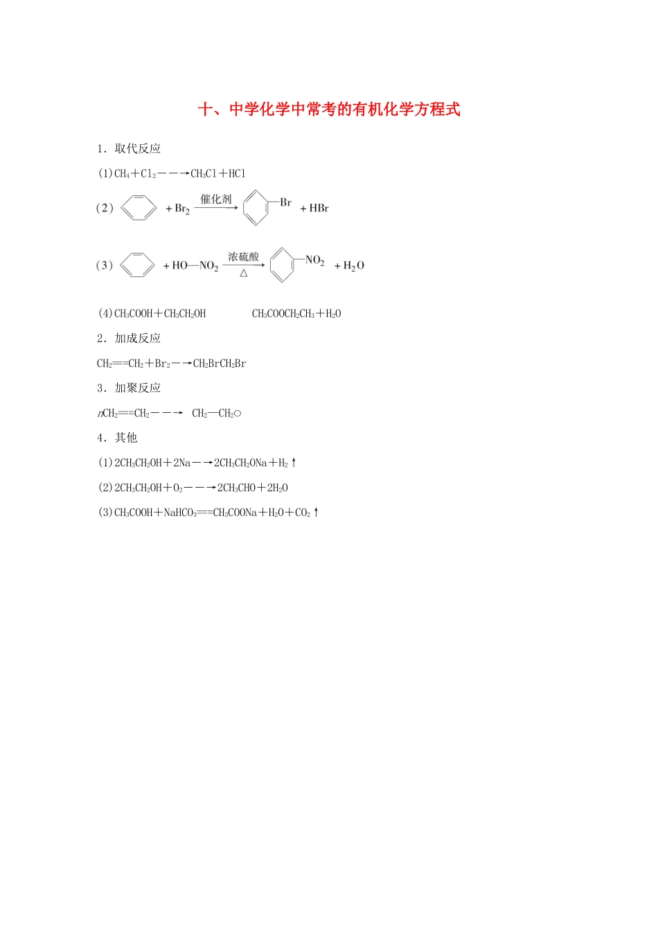 化学中常考的有机化学方程式素材-人教版高三全册化学素材_第1页