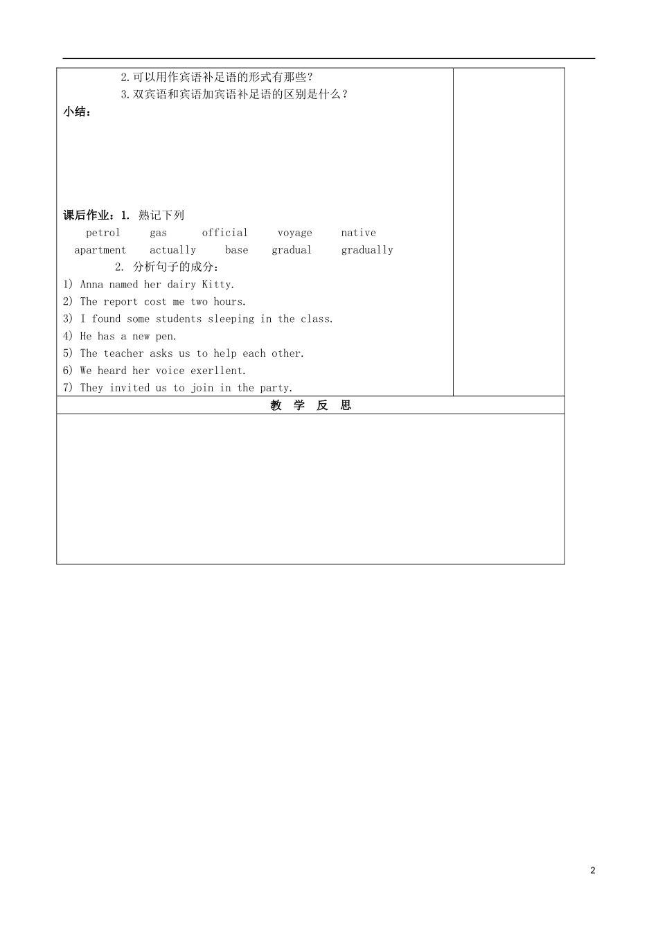 内蒙古高一英语 语法“主语+ 谓语+ 宾语+ 宾补“句型导学案 新人教版_第2页
