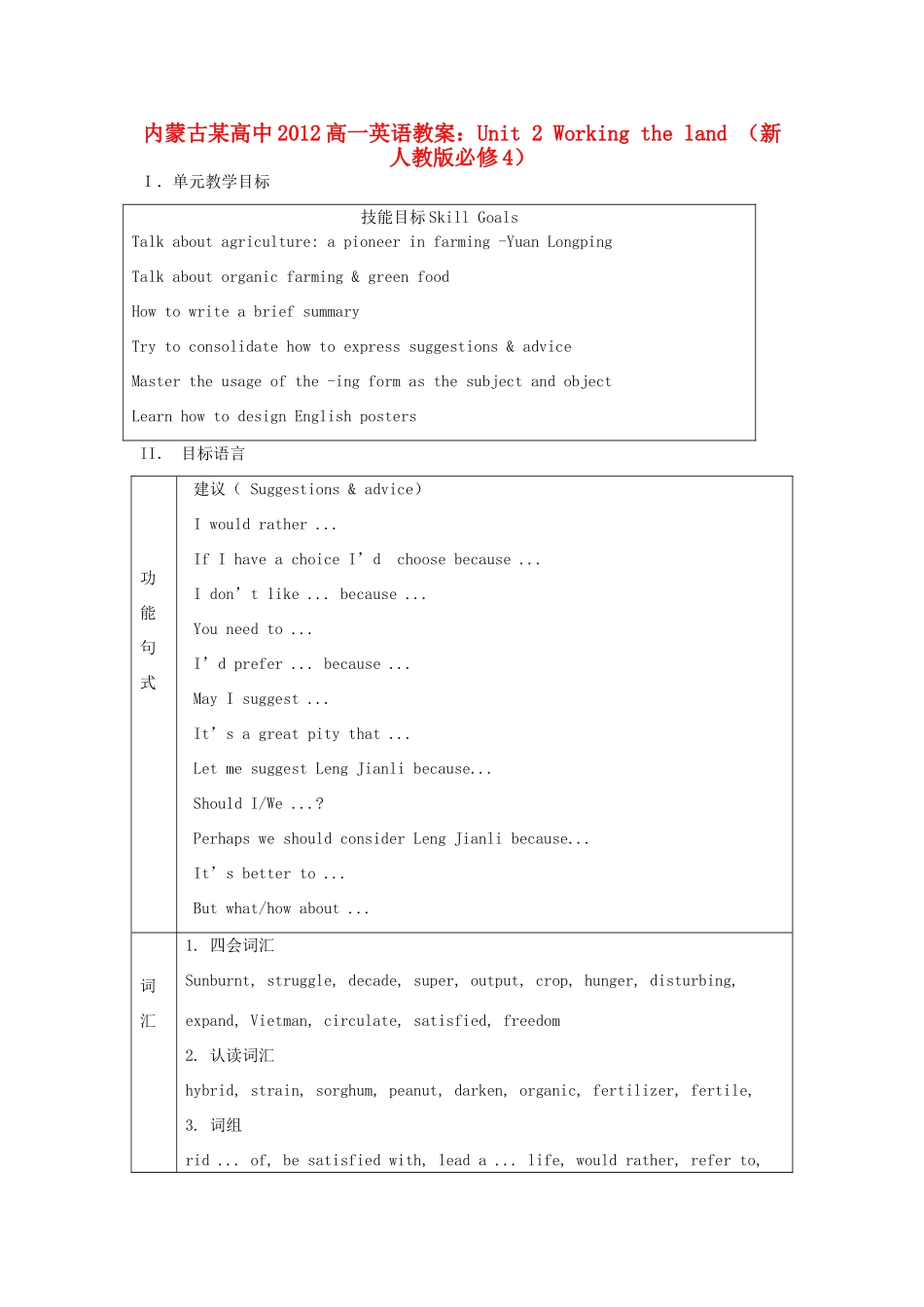 内蒙古某高中2012高中英语 Unit 2 Working the land教案 新人教版必修4_第1页