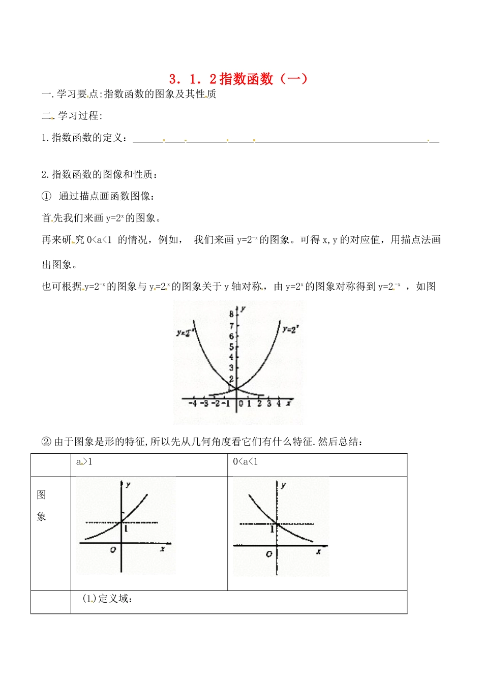 吉林省东北师范大学附属实验学校高中数学 3.1.2指数函数学案（一） 新人教B版必修1_第1页