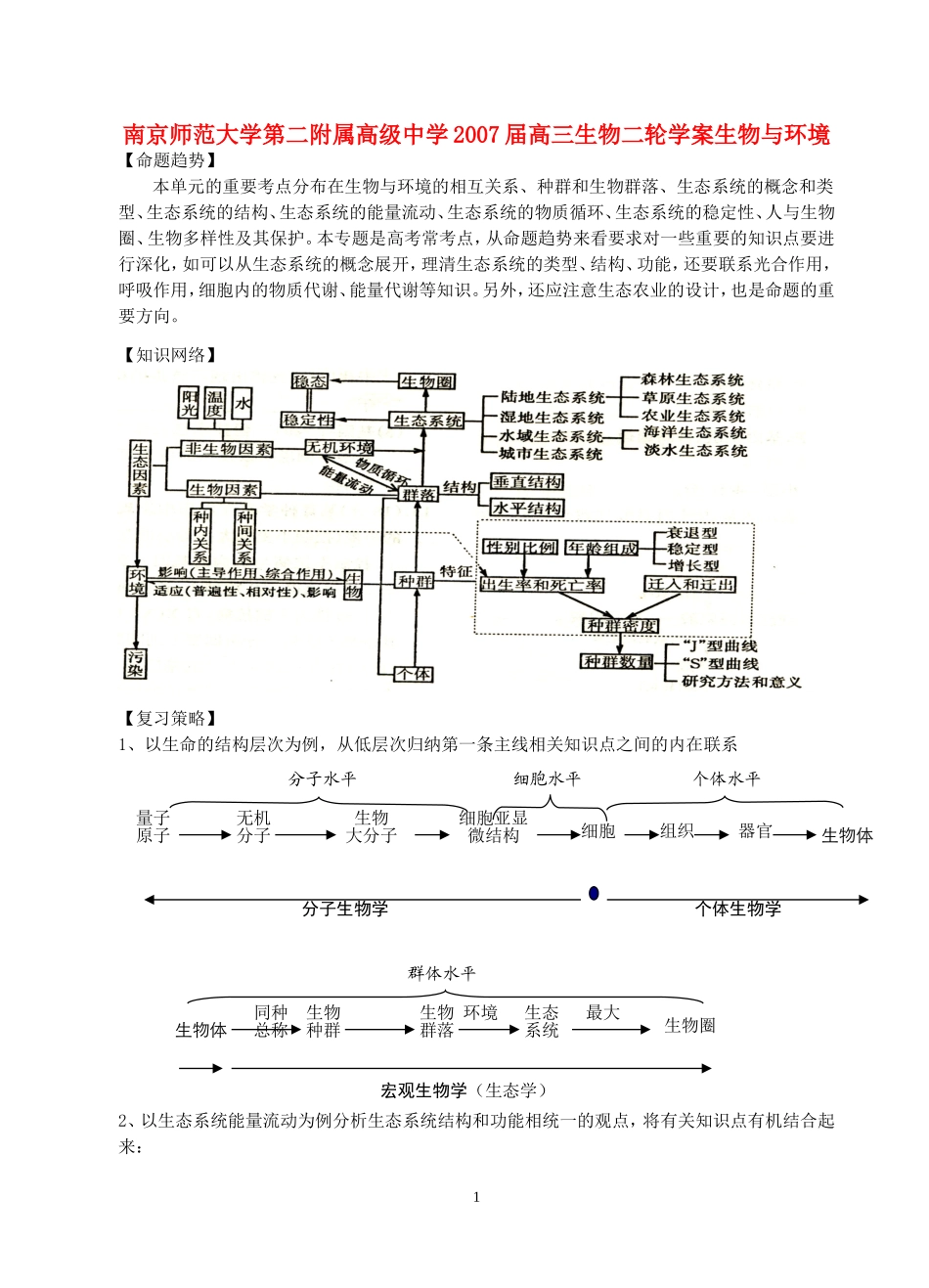 南京师范大学第二附属高级中学2007届高三生物二轮学案生物与环境 新课标 人教版_第1页