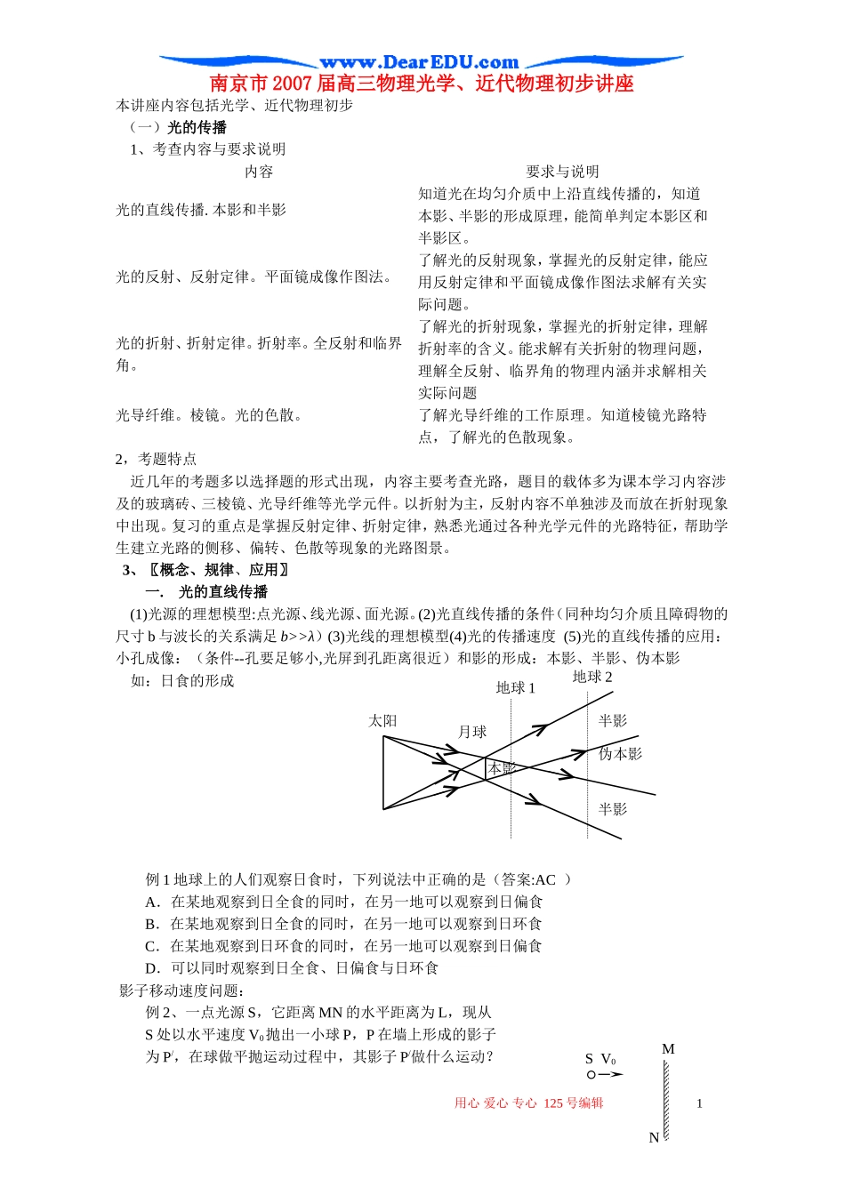 南京市2007届高三物理光学、近代物理初步讲座_第1页