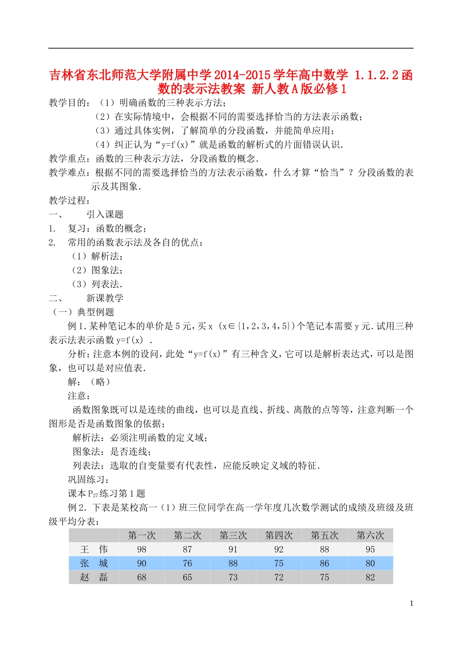 吉林省东北师范大学附属中学2014-2015学年高中数学 1.1.2.2函数的表示法教案 新人教A版必修1_第1页