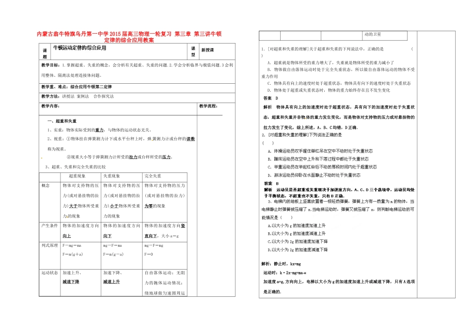 内蒙古翁牛特旗乌丹第一中学2015届高三物理一轮复习 第三章 第三讲牛顿定律的综合应用教案_第1页
