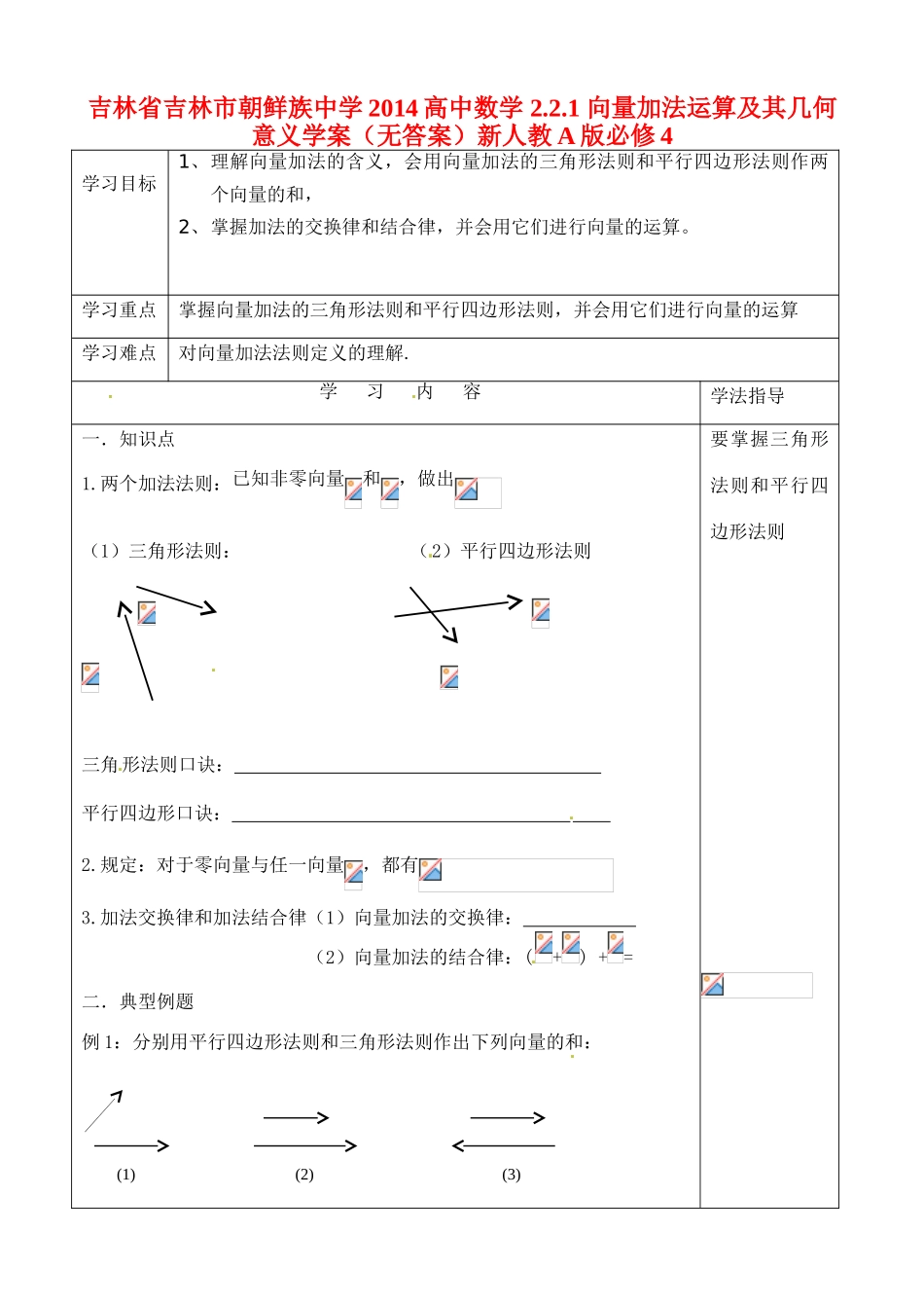 吉林省吉林市朝鲜族中学2014高中数学 2.2.1 向量加法运算及其几何意义学案（无答案）新人教A版必修4_第1页
