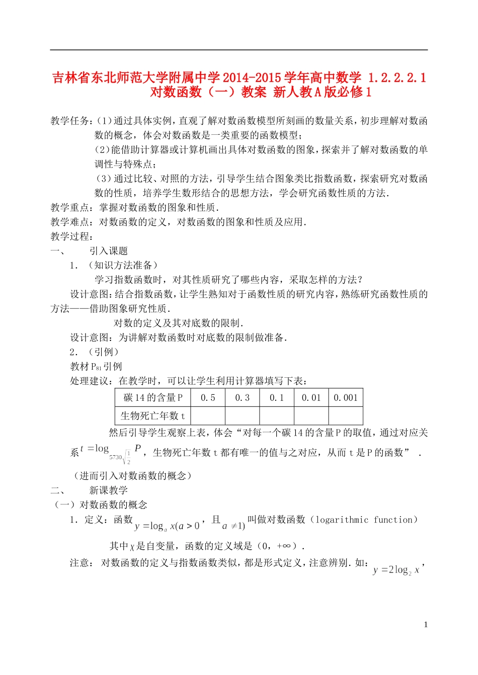 吉林省东北师范大学附属中学2014-2015学年高中数学 1.2.2.2.1对数函数（一）教案 新人教A版必修1_第1页