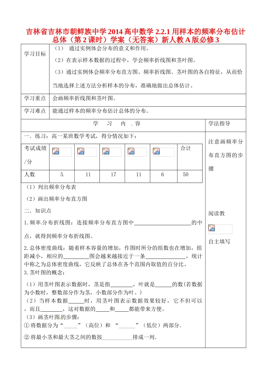 吉林省吉林市朝鲜族中学2014高中数学 2.2.1 用样本的频率分布估计总体（第2课时）学案（无答案）新人教A版必修3_第1页
