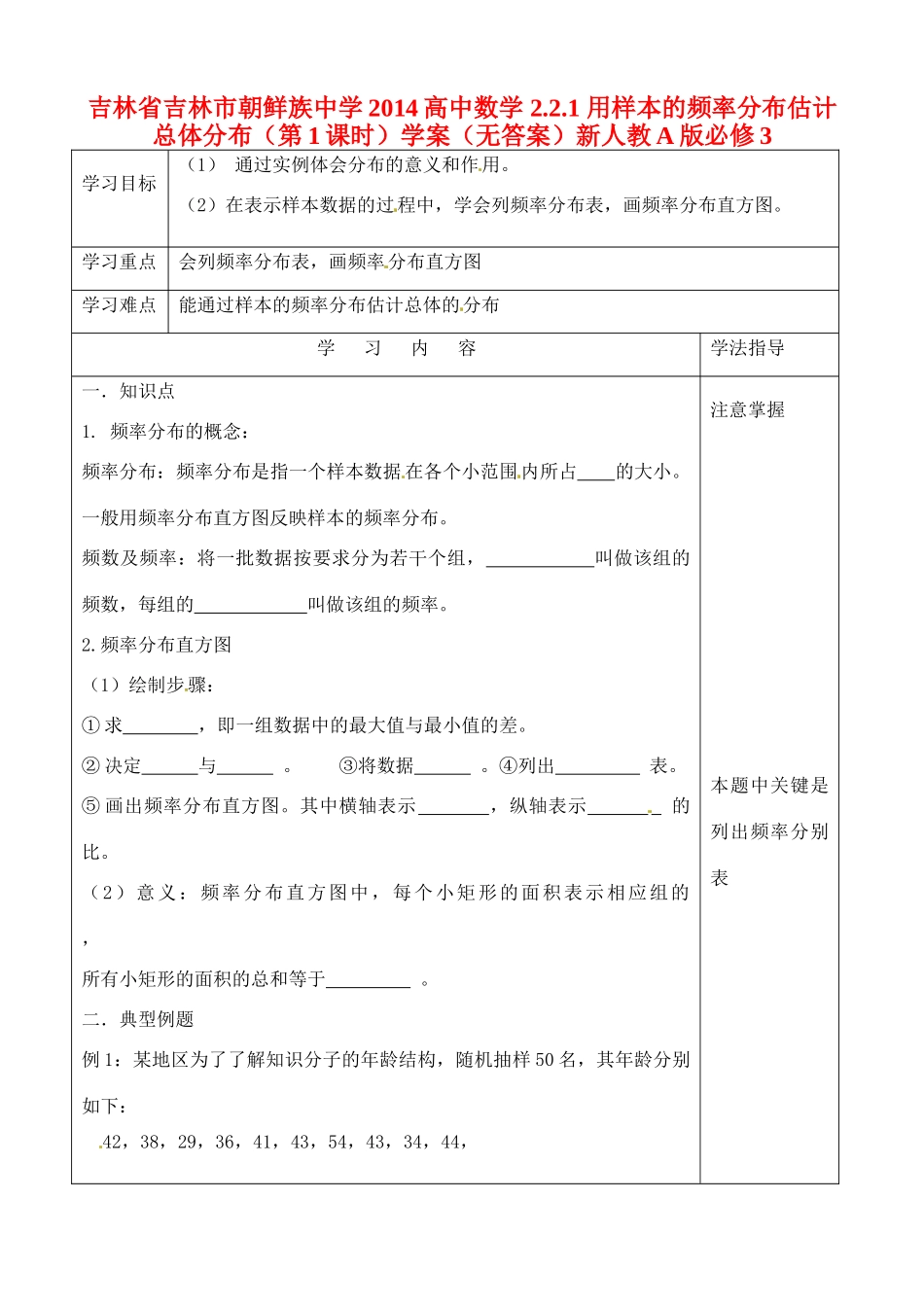 吉林省吉林市朝鲜族中学2014高中数学 2.2.1 用样本的频率分布估计总体分布（第1课时）学案（无答案）新人教A版必修3_第1页