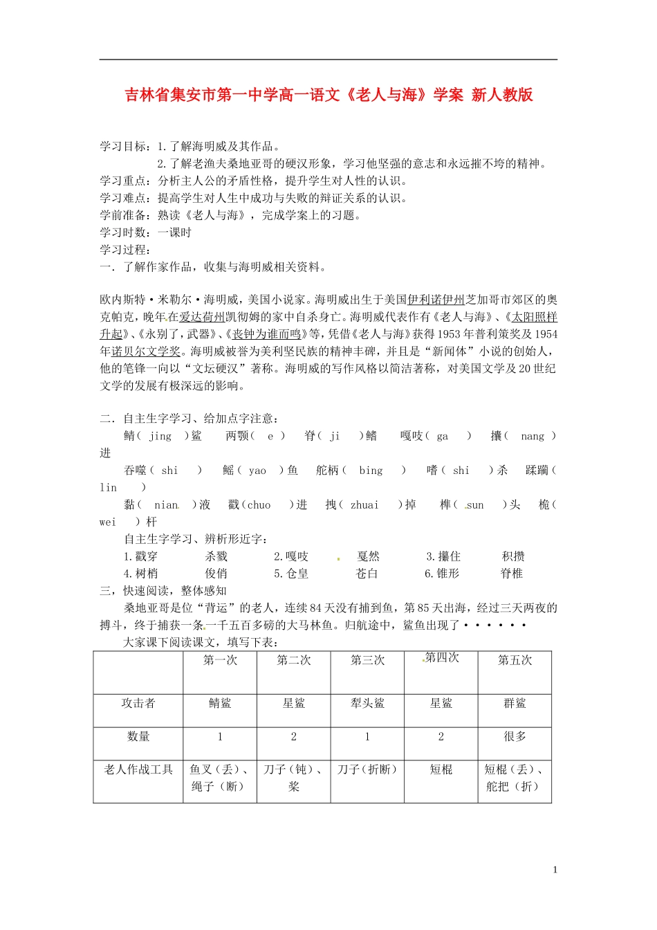 吉林省集安市第一中学高一语文《老人与海》学案 新人教版_第1页