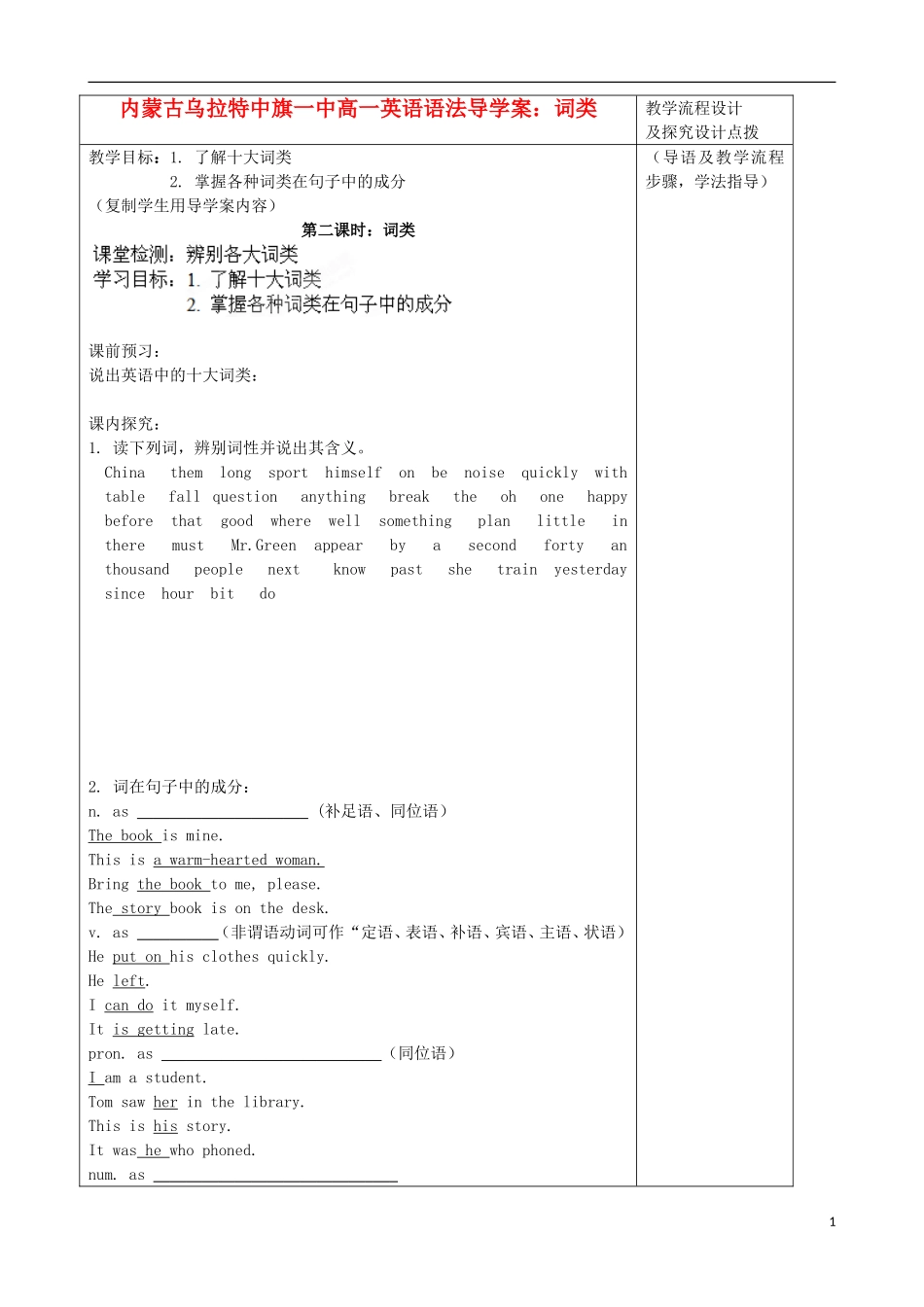 内蒙古高一英语 语法词类导学案 新人教版_第1页