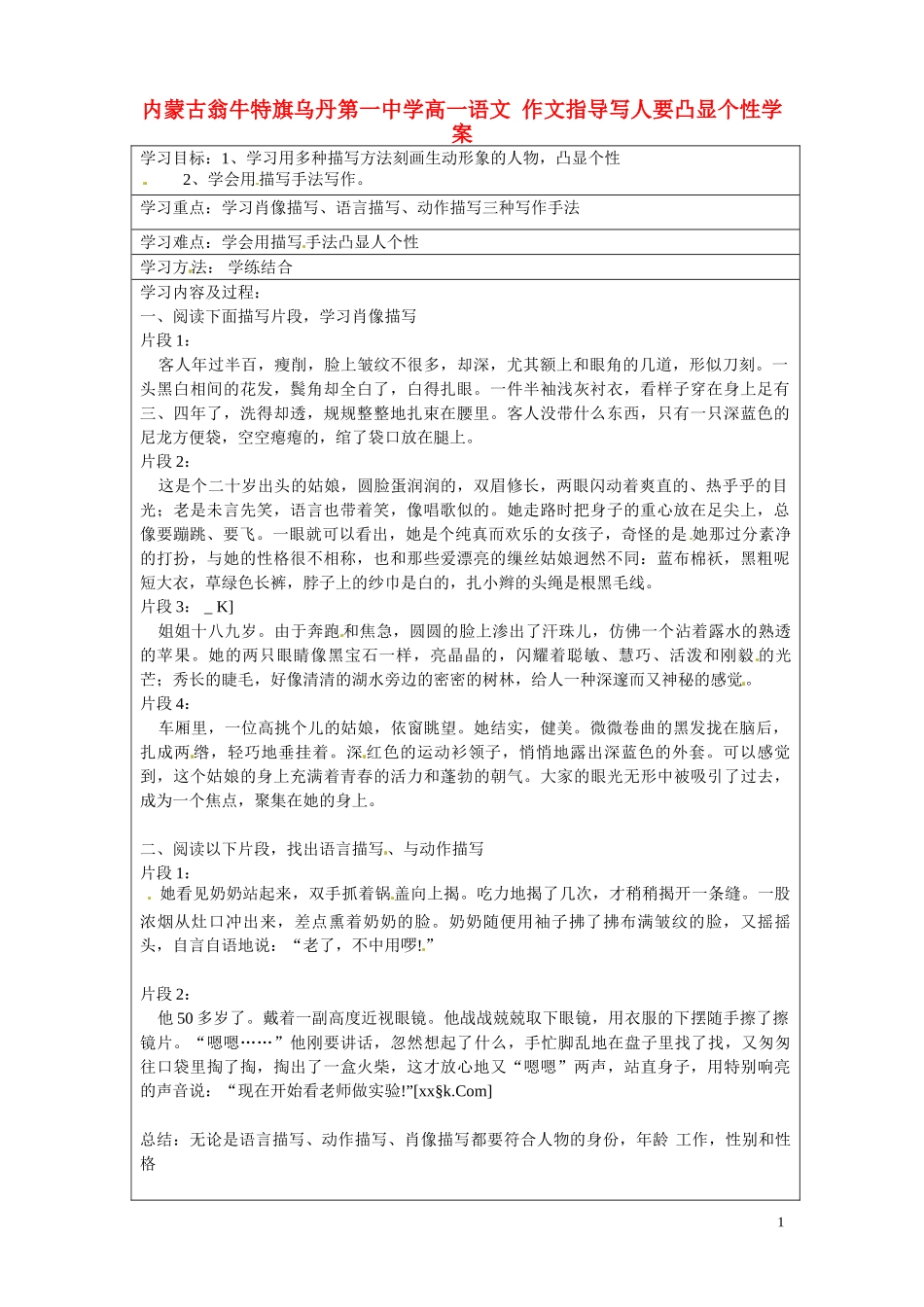 内蒙古翁牛特旗乌丹第一中学高一语文 作文指导写人要凸显个性学案_第1页