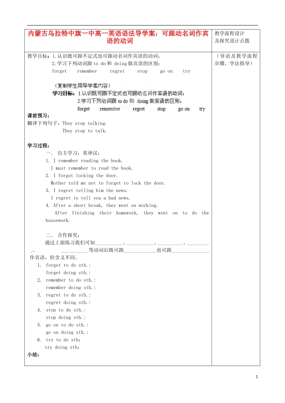 内蒙古高一英语 语法可跟动名词作宾语的动词导学案 新人教版_第1页