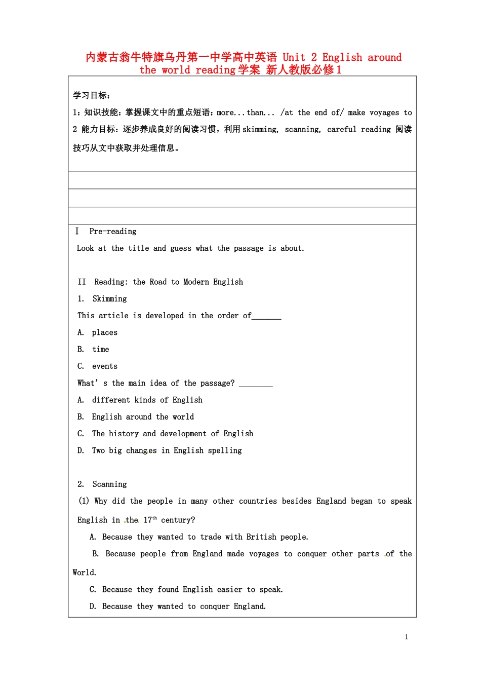 内蒙古翁牛特旗乌丹第一中学高中英语 Unit 2 English around the world reading学案 新人教版必修1_第1页
