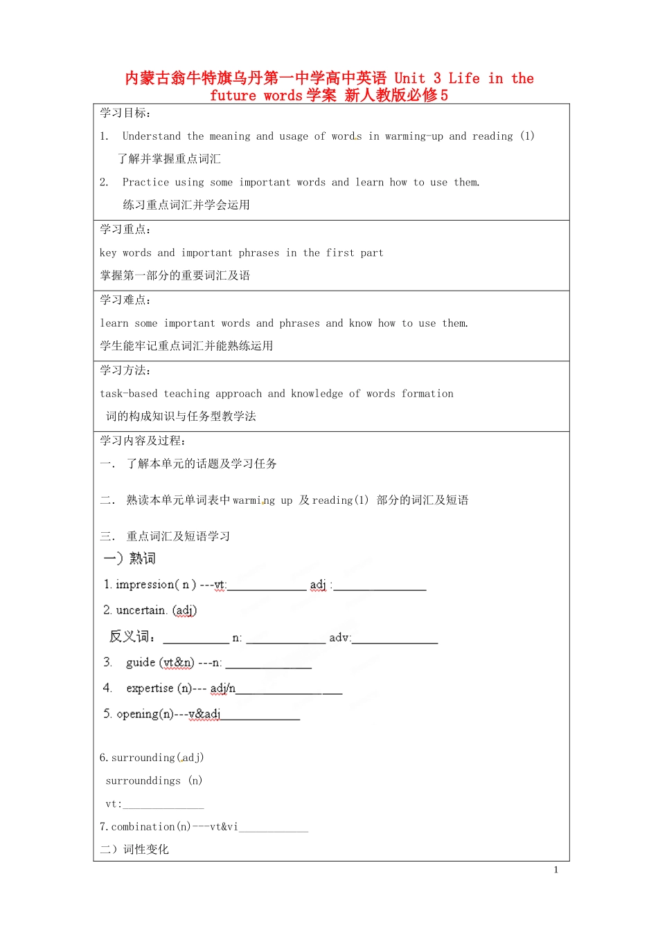 内蒙古翁牛特旗乌丹第一中学高中英语 Unit 3 Life in the future words学案 新人教版必修5_第1页
