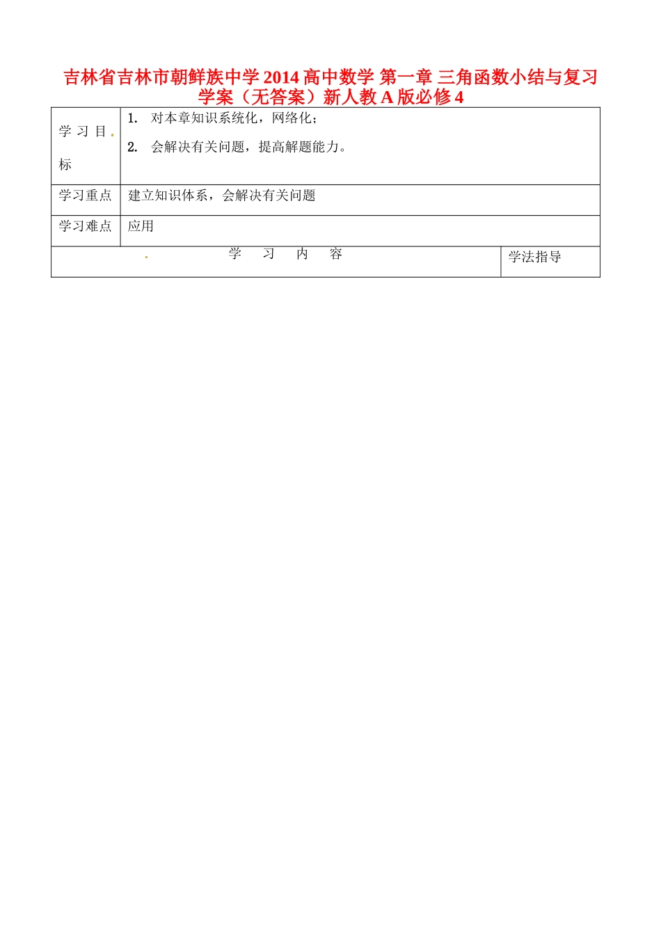 吉林省吉林市朝鲜族中学2014高中数学 第一章 三角函数小结与复习学案（无答案）新人教A版必修4_第1页