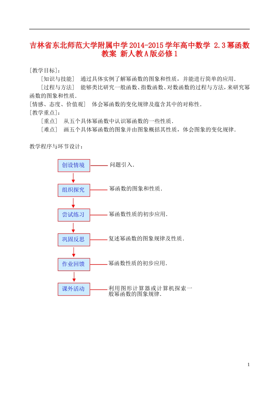 吉林省东北师范大学附属中学2014-2015学年高中数学 2.3幂函数教案 新人教A版必修1_第1页