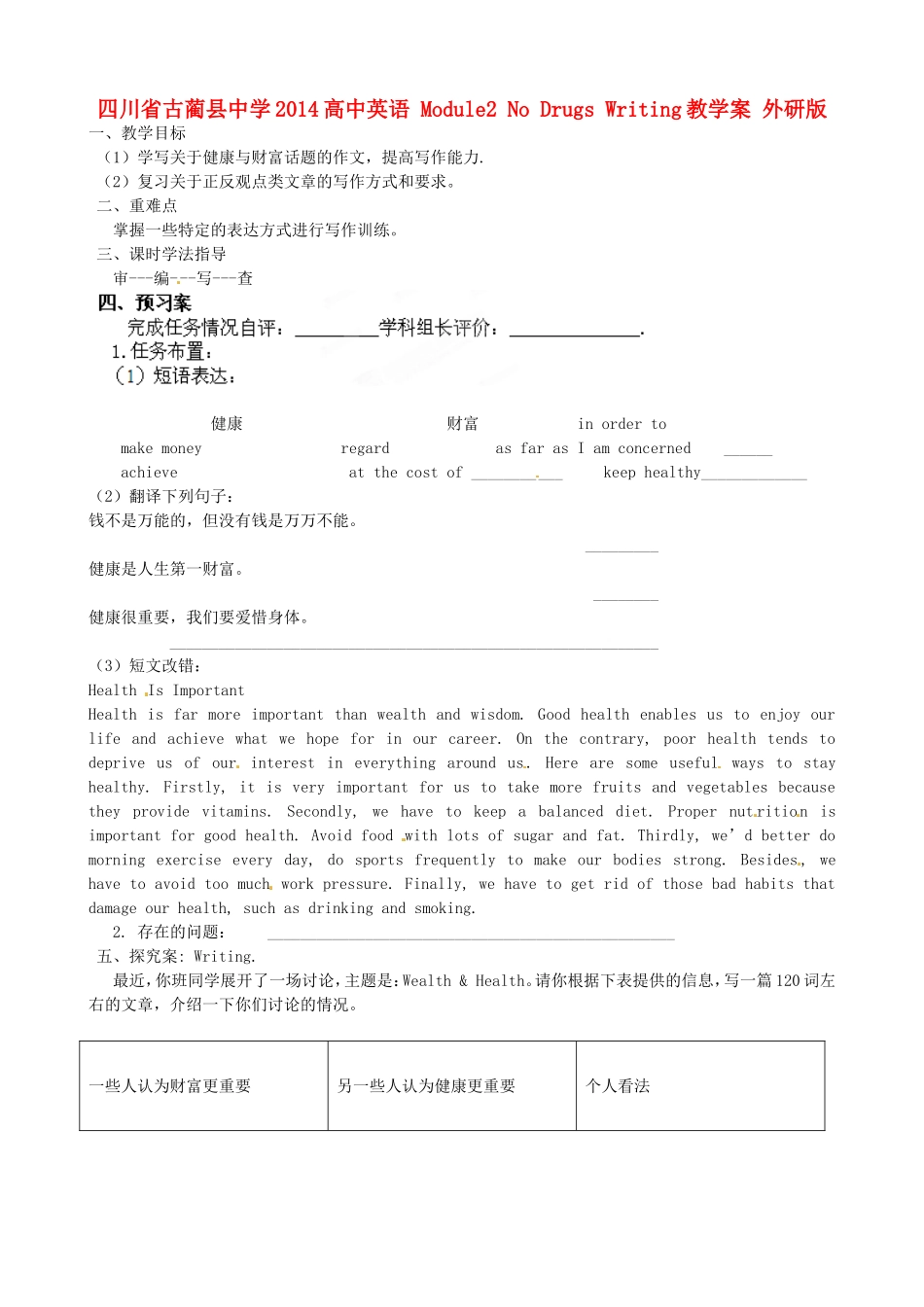 四川省古蔺县中学2014高中英语 Module2 No Drugs Writing教学案 外研版必修2_第1页