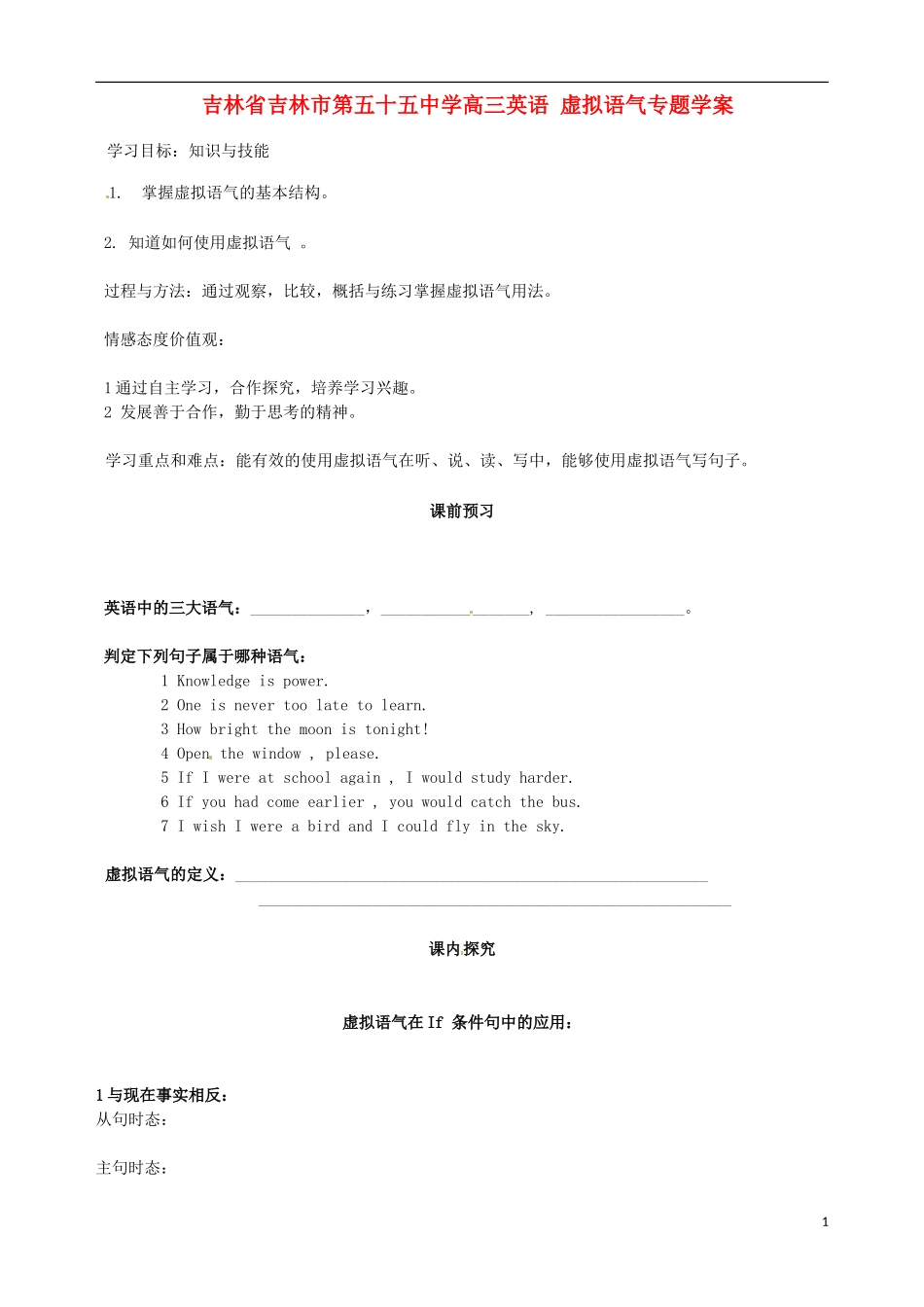 吉林省吉林市第五十五中学高三英语 虚拟语气专题学案_第1页