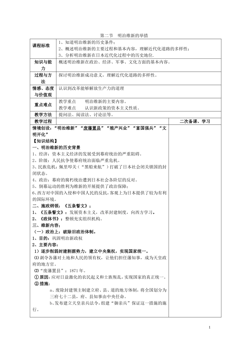 四川省古蔺县中学2014年高中历史 专题八 明治维新 第二节 明治维新的举措教案 人民版选修1_第1页
