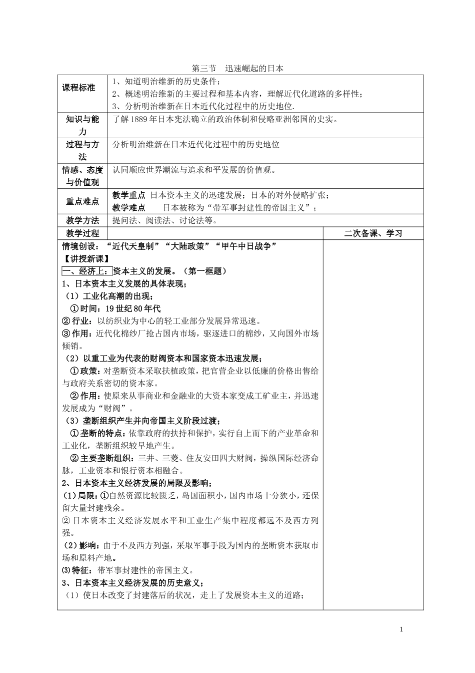 四川省古蔺县中学2014年高中历史 专题八 明治维新 第三节 迅速崛起的日本教案 人民版选修1_第1页