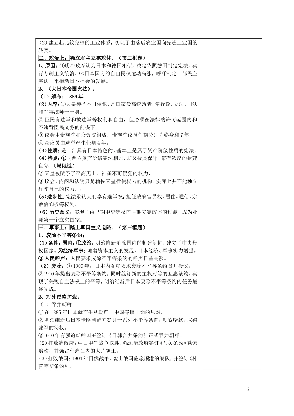 四川省古蔺县中学2014年高中历史 专题八 明治维新 第三节 迅速崛起的日本教案 人民版选修1_第2页