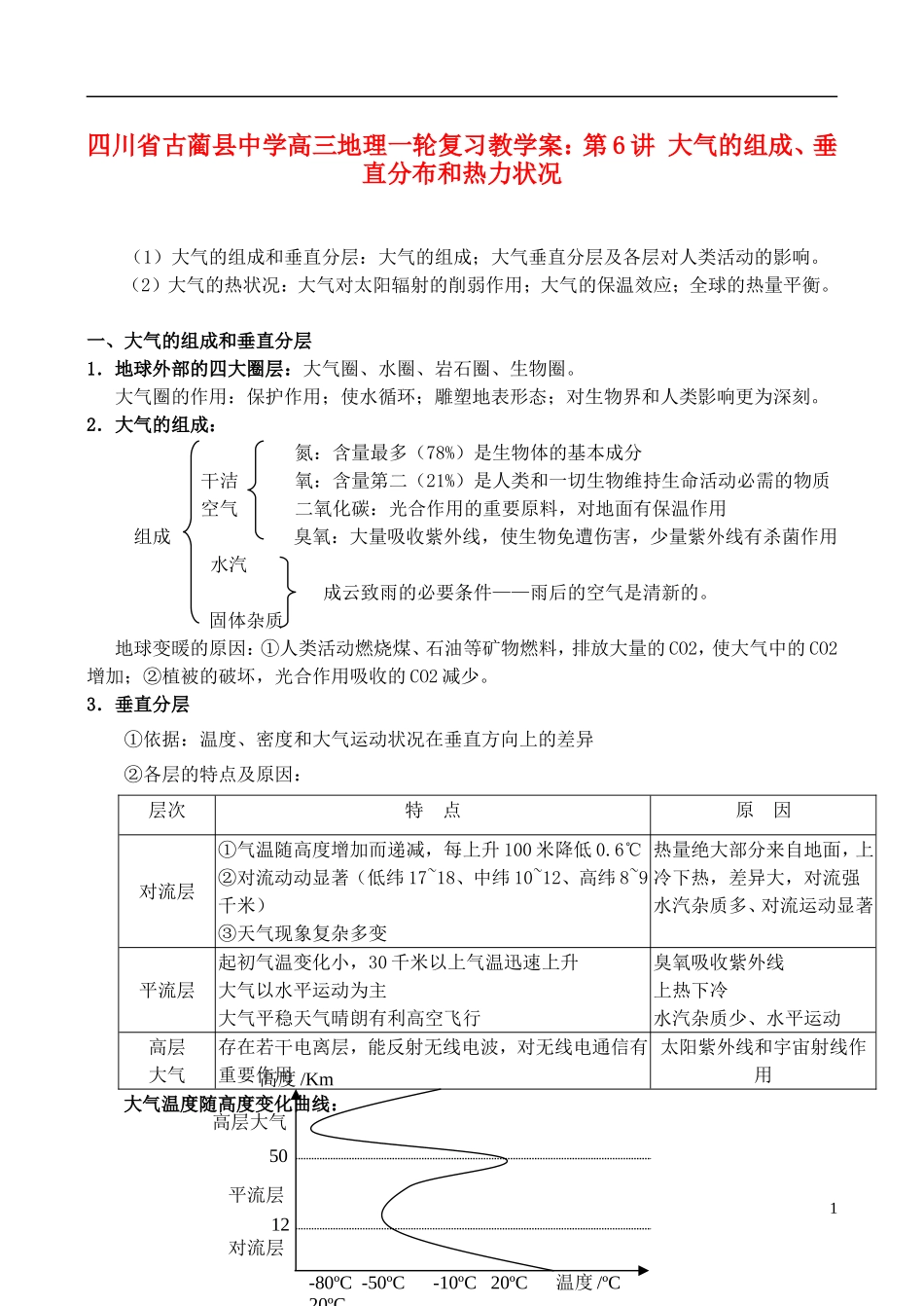四川省古蔺县中学高三地理一轮复习 第6讲 大气的组成、垂直分布和热力状况教学案_第1页