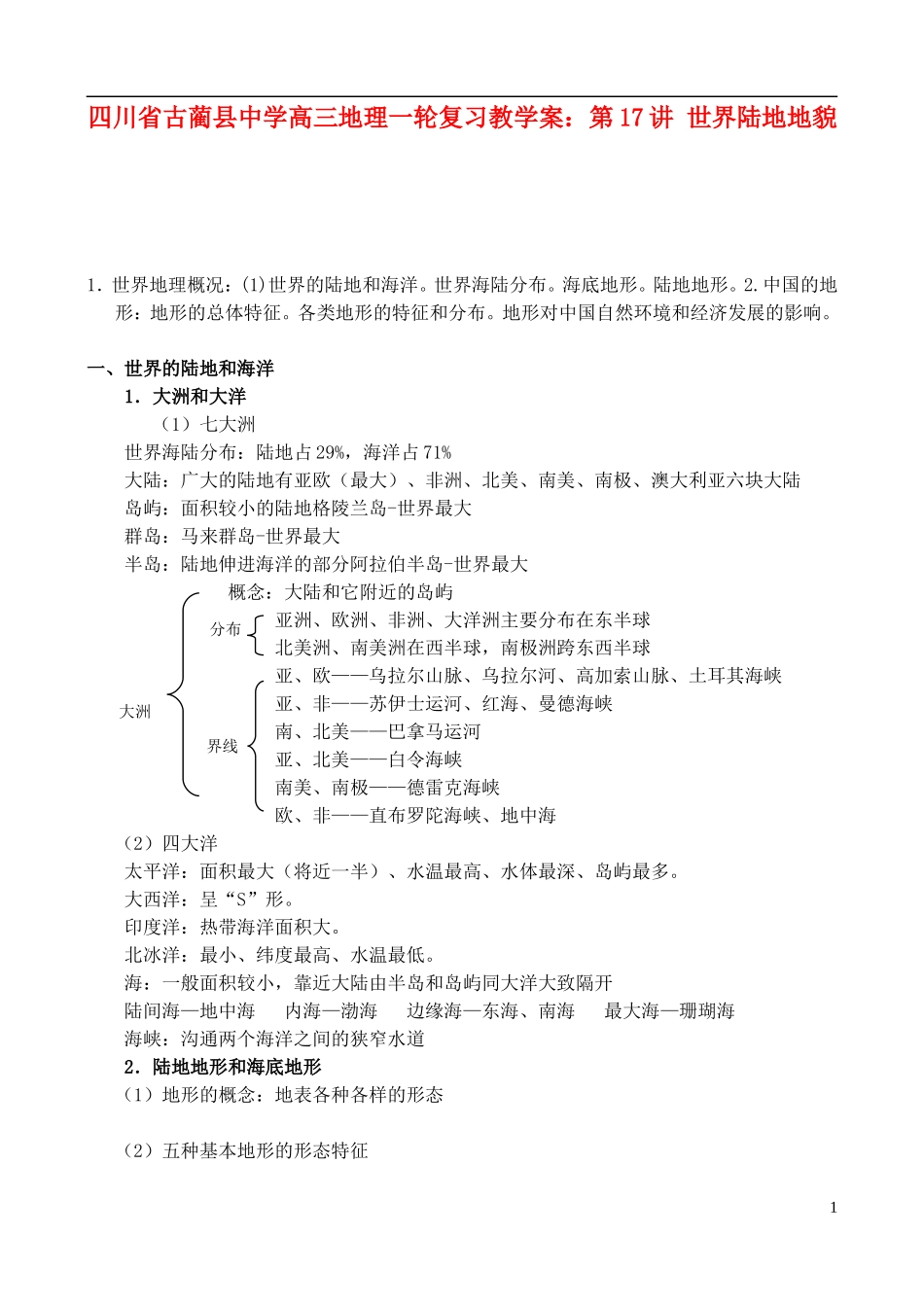 四川省古蔺县中学高三地理一轮复习 第17讲 世界陆地地貌教学案_第1页