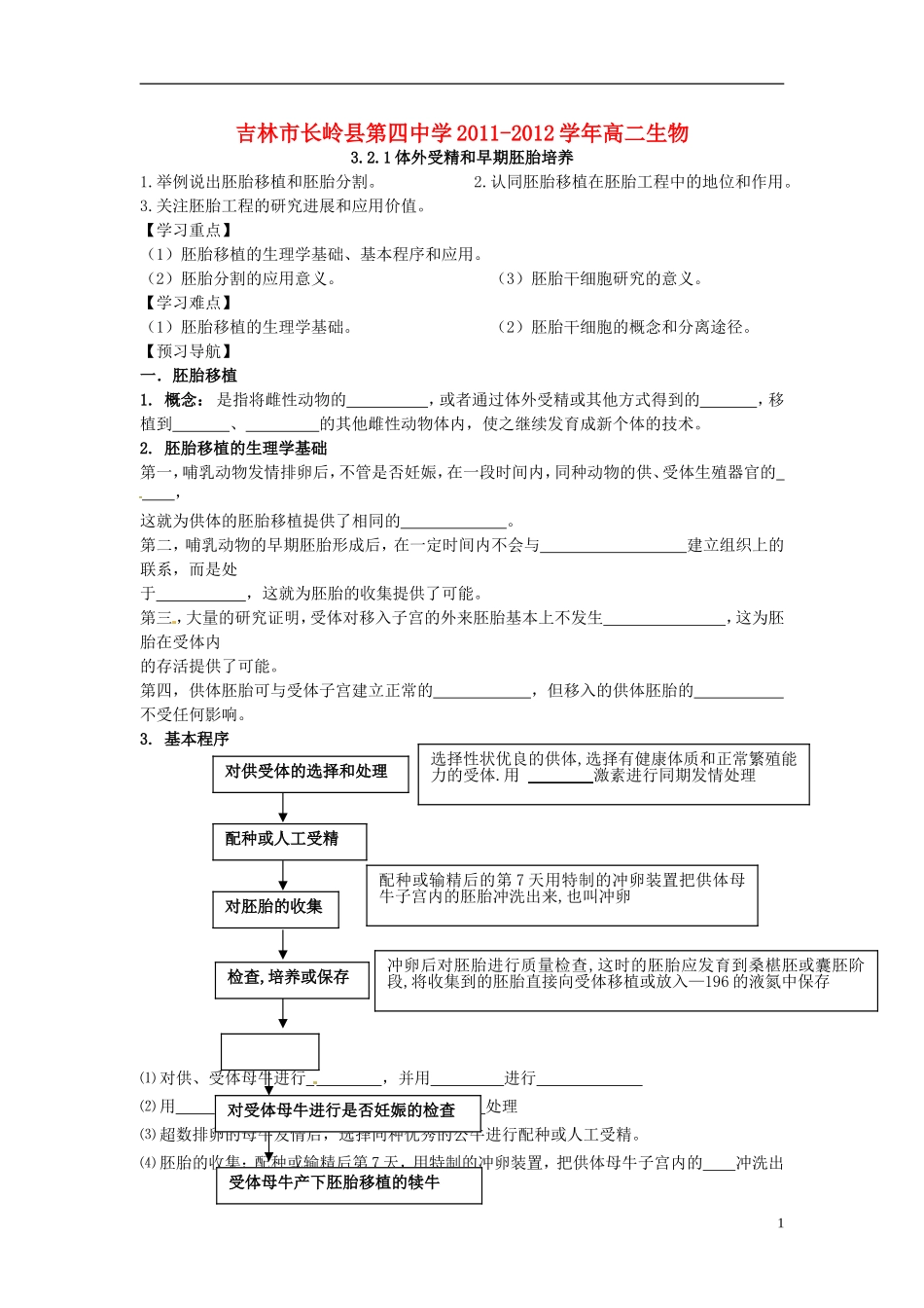 吉林省吉林市长岭县第四中学2011-2012学年高二生物 3.2.1体外受精和早期胚胎培养学案_第1页