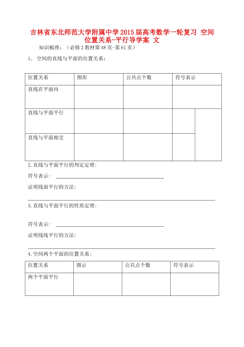 吉林省东北师范大学附属中学2015届高考数学一轮复习 空间位置关系-平行导学案 文_第1页