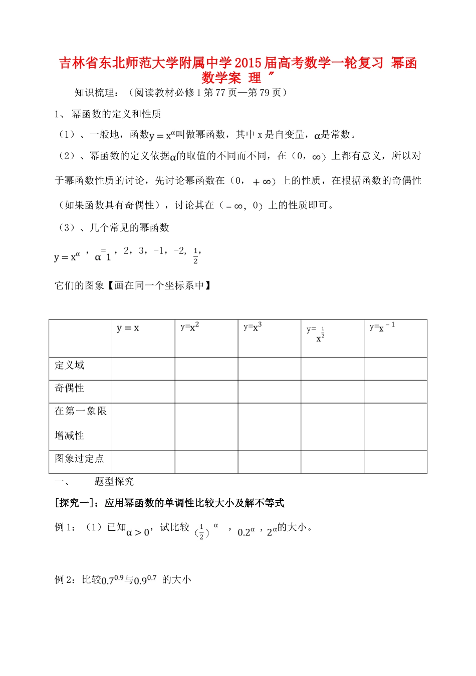 吉林省东北师范大学附属中学2015届高考数学一轮复习 幂函数学案 理 _第1页