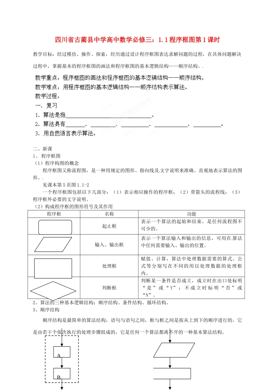 四川省古蔺县中学高中数学 1.1程序框图第1课时教学案 新人教B版必修3_第1页