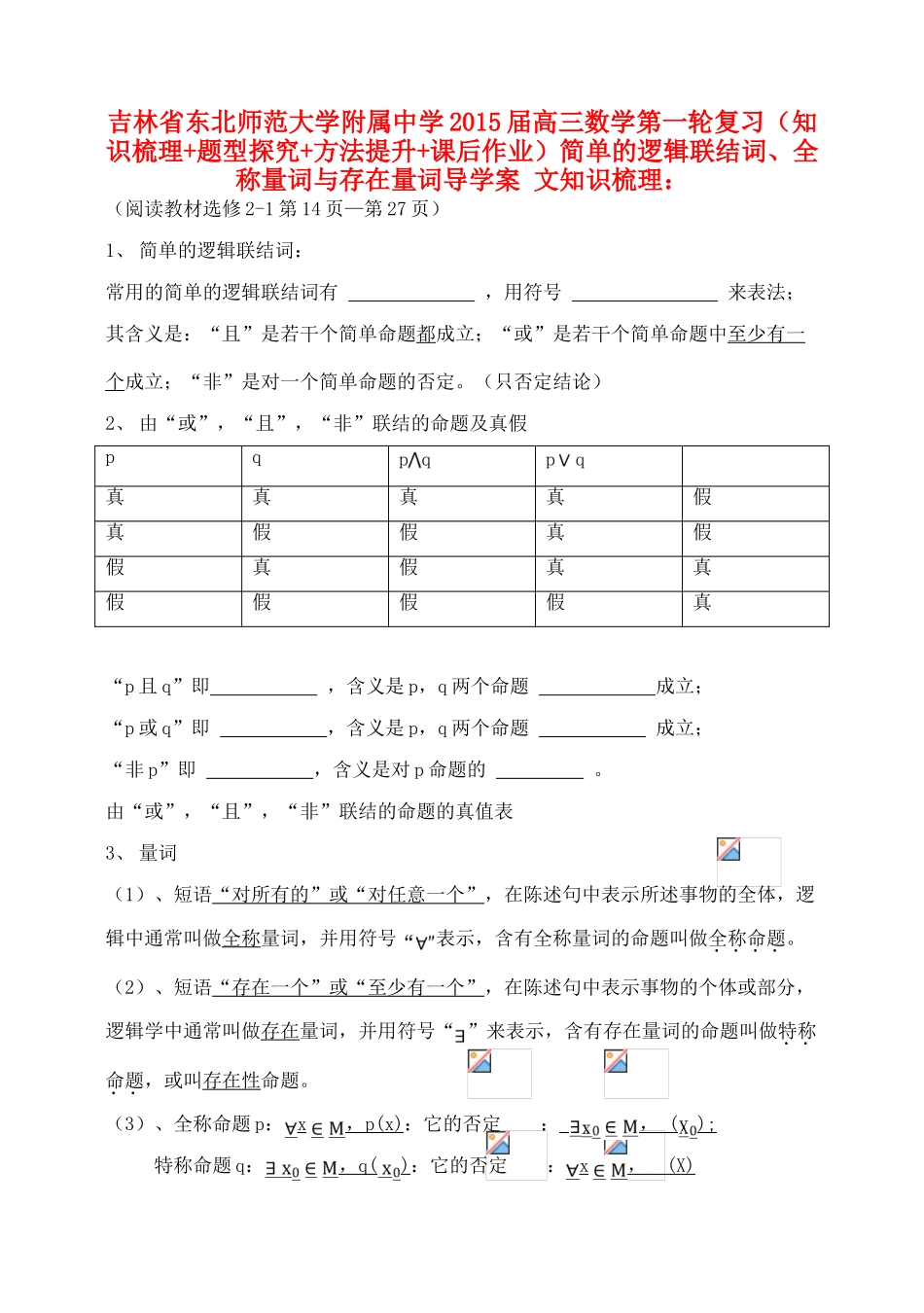 吉林省东北师范大学附属中学2015届高三数学第一轮复习（知识梳理+题型探究+方法提升+课后作业）简单的逻辑联结词、全称量词与存在量词导学案 文_第1页